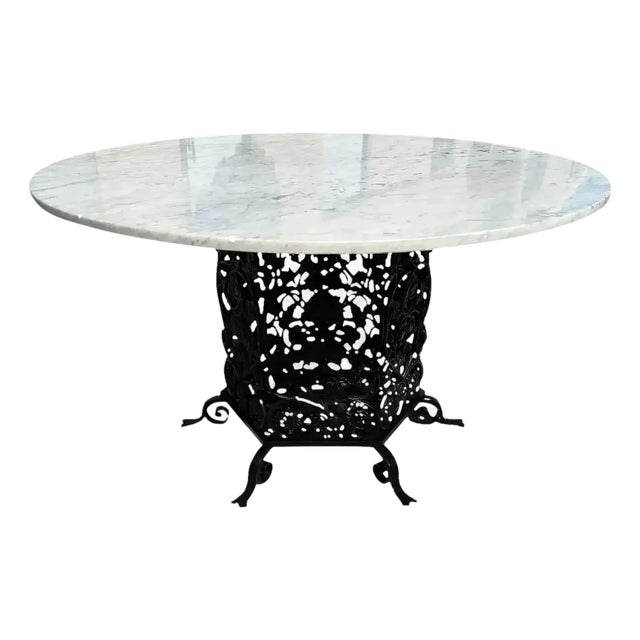 1940s French Art Deco Cast Iron Base Round Carrara Marble Top Dining Table For Sale