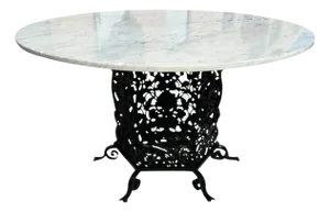 1940s French Art Deco Cast Iron Base Round Carrara Marble Top Dining Table