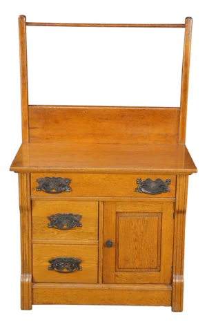 Antique Late Victorian Oak 3 Drawer Chest Washstand & Towel Bar Rack Dry Sink