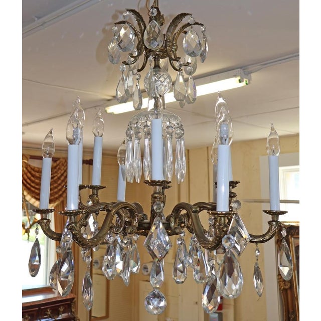1950's Hollywood Regency French Style Brass & Crystal 12 Light Chandelier For Sale - Image 9 of 14