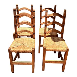 1980s Set of 4 Rustic Rush Seat Ladder Back Chairs For Sale