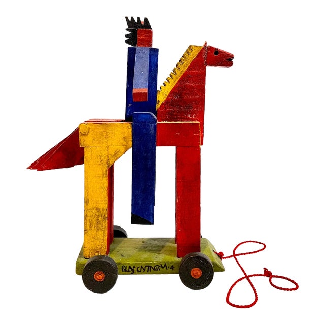 Mid 20th Century Blas Castagna Hand Painted Wooden Constructivist Sculpture Toy Horse Carved Wood For Sale