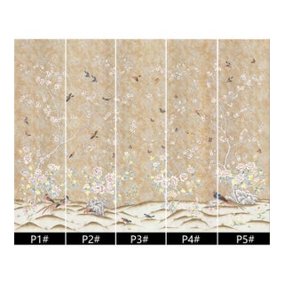 36" * H100"/Panel * 5ps, Beige-Brown‌ Floral and Bird Wallpaepr, Chinese-Style Floral and Bird Wallpaper Mural, 5 Panels For Sale