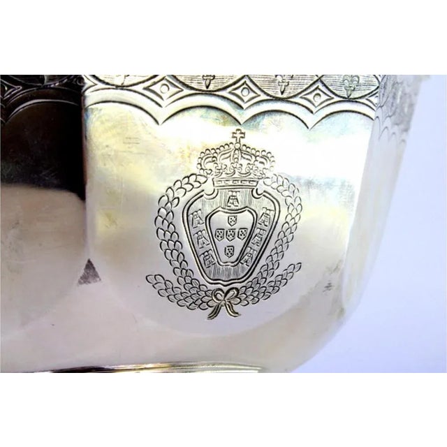 Octagonal Silver Bonbonniere with Engraved Portuguese Coat of Arms and Friezes in Relief with Fleurs de Lys, in Very Good...