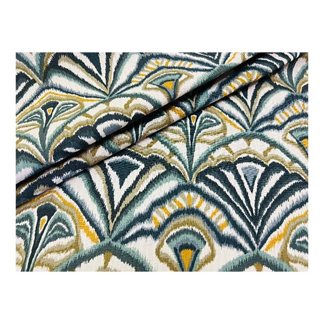 Remnant Fabricut Green Mustard Gold Cream Olive Cotton Ikat Bargello Upholstery Drapery Fabric For Sale