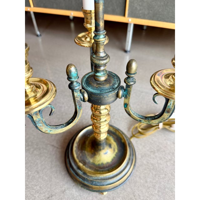 Verdigris Vintage Brass Verdigris Three-Light Bouillotte Table Lamp Neoclassical Hollywood Regency Style For Sale - Image 8 of 16