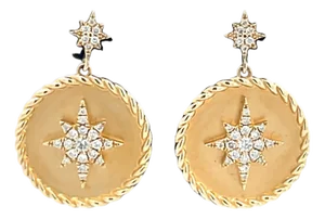 14k Yellow Gold Diamond Star Round Dangle Earrings, A Pair