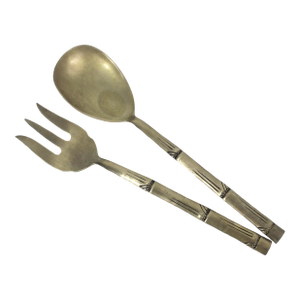 Vintage Brass Faux Bamboo Serving Spoon and Fork Salad Servers