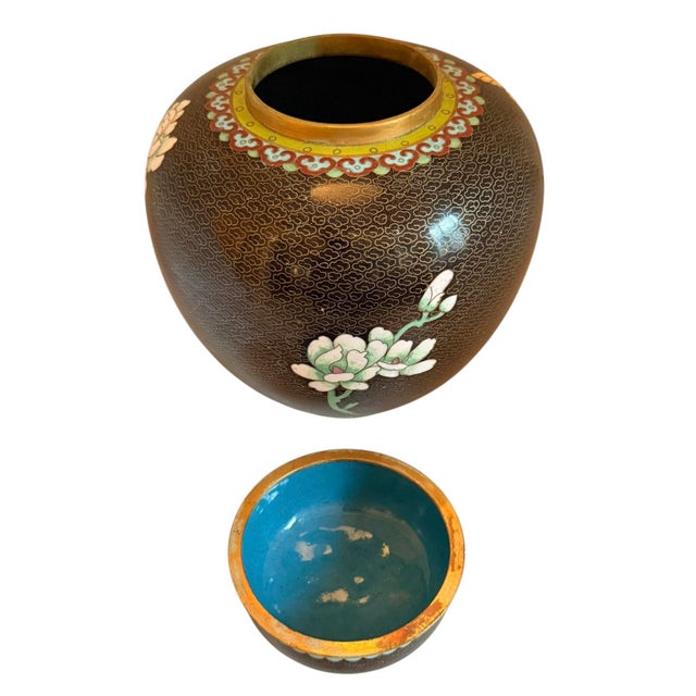 Metal Mid 20th Century Chinese Black Cloissone 8” Lidded Ginger Jar With Colorful Peony Motif For Sale - Image 7 of 12