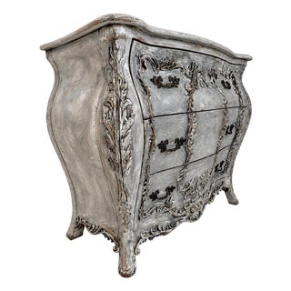French Provincial Silver Carved Bombé Chest – Rococo Floral Details – Vintage For Sale