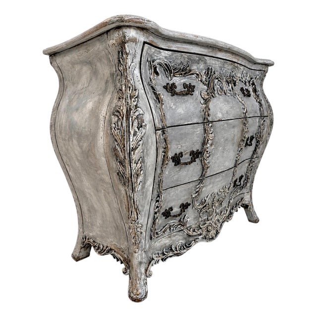 French Provincial Silver Carved Bombé Chest – Rococo Floral Details – Vintage For Sale