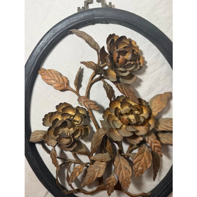 Pair Handmade Antique Chinese Gilt Wrought Iron Wood Flower Wall Art Sculptures For Sale In New York - Image 6 of 14