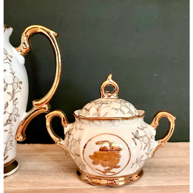 Vintage Porcelain Teapot Set: Gold Floral Design, 1960s. - Set of 2 For Sale - Image 4 of 9