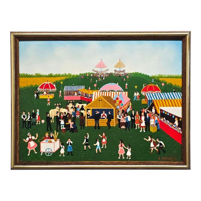 E. Molnar Hungarian Naïve Folk Art Village Fair Painting Framed 18" For Sale