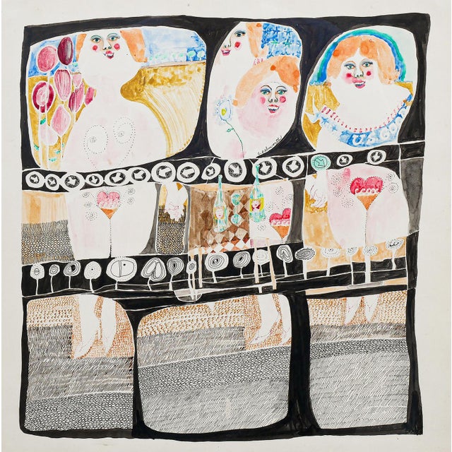 Charles Pebworth "Female Nudes" Pink, Blue, Yellow, and Black Abstract Modern Figurative Drawing, 20th Century For Sale - Image 10 of 12