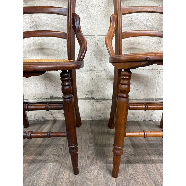 Antique Victorian Curved Ladder Back Hand Caned Armchairs - Pair For Sale In Kansas City - Image 6 of 11