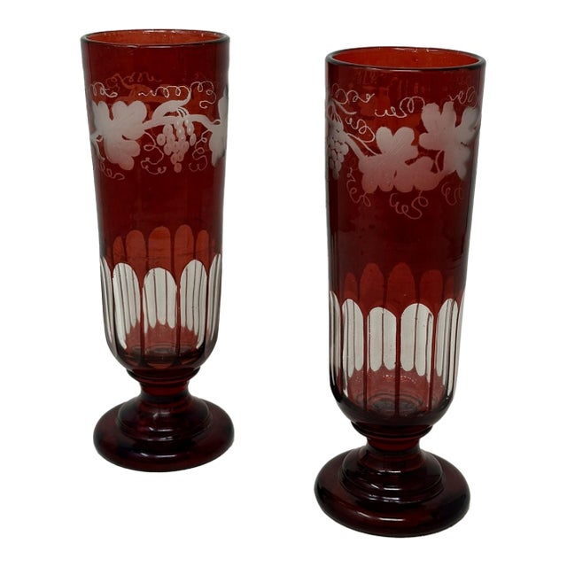 Antique Bohemian Czechoslovakia Ruby Cranberry Glass Pair Goblets Vases Egermann For Sale