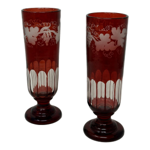 Antique Bohemian Czechoslovakia Ruby Cranberry Glass Pair Goblets Vases Egermann