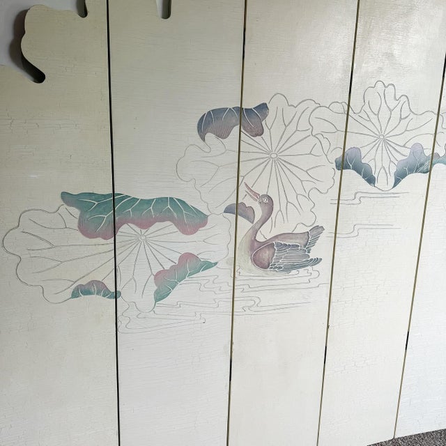 Off-white Chinese Hand Carved Flowers and Ducks Sculpted Room Divider Screen - 8 Panels For Sale - Image 8 of 12