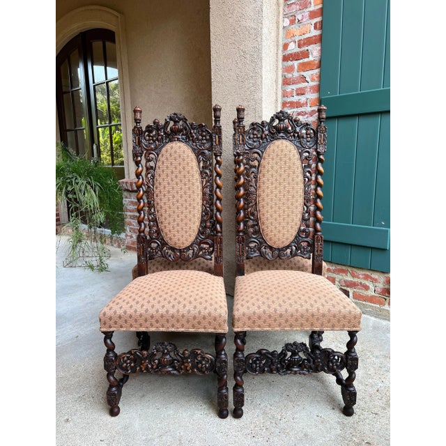 Set 4 Tall Antique French Dining Chairs Barley Twist Renaissance Carved Oak 1890 For Sale - Image 4 of 18