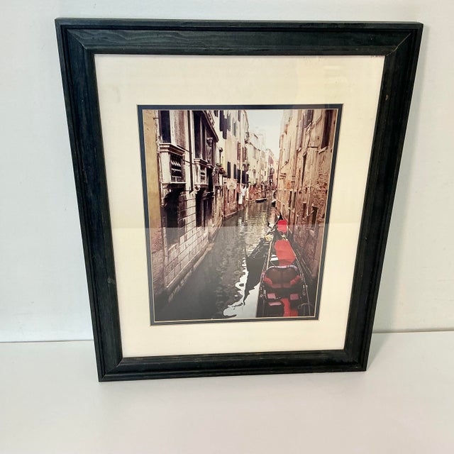 Photography 1980s Vintage Italian Boho Chic Cityscape Canal With Red Gondola at Dock Framed Photography For Sale - Image 7 of 18