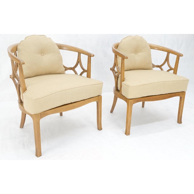 Mid-Century Modern Pair of New Gold Linen Upholstery Barrel Back Wrap Around Lounge Arm Chairs MINT For Sale - Image 3 of 14