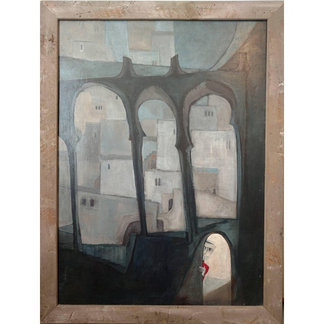 Large Surrealist Symbolist Painting With a peeking, peering figure of a child dressed in red in a typical Middle Eastern...