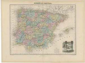 Antique Map of Spain and Portugal by Migeon, 1880