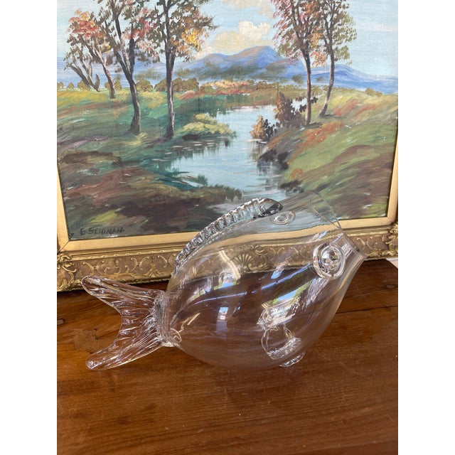 Glass Mid Century Hand-Blown Clear Glass Fish Vase by Blenko Style - Sculptural Studio Art Glass Vessel. For Sale - Image 7 of 10