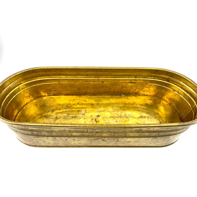 Metal Vintage Mid Century Large Oval Brass Jardinière Trough Planter For Sale - Image 7 of 11