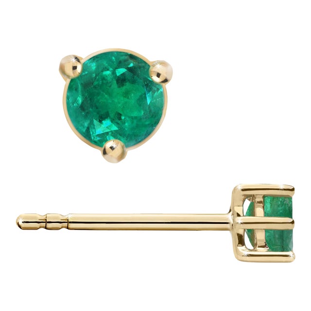 1/2 Carat Natural Emerald Round 4mm 3-Prong 14k Gold Stud Earrings - 2 Pieces For Sale