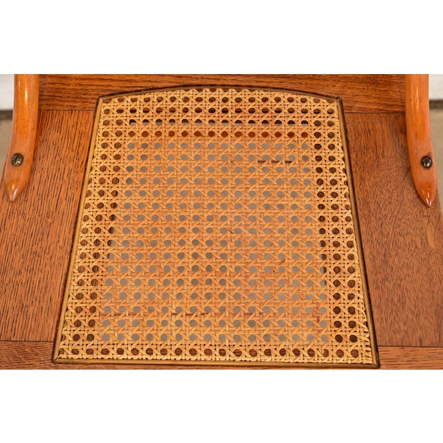 Wood Limbert Style Antique Arts & Crafts Carved Oak Cane Seat Spindle Back Side Chairs or Dining Chairs, Pair For Sale - Image 7 of 11