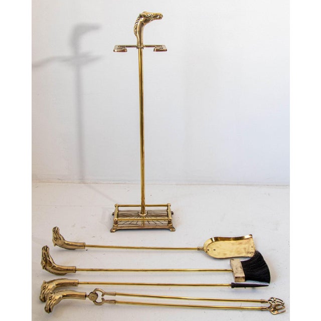 French Brass Horse Head Fireplace Tool Set Equestrian Hollywood Regency Style For Sale - Image 9 of 13