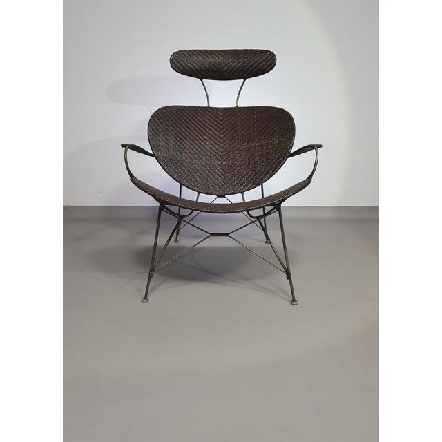 Brown Rattan and Metal Lounge Chair by Yuzuru Yamakawa, 1980s For Sale - Image 3 of 11