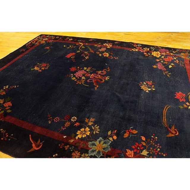 Textile 1920s Blue Navy Floral Medallion Vase Antique Chinese Art Deco Room Size Rug For Sale - Image 7 of 9