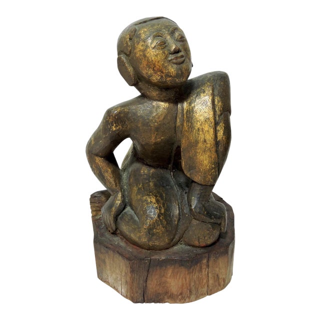 Late 19th Century Antique Gilt Wood Hand Carved Burmese Monk Figure For Sale