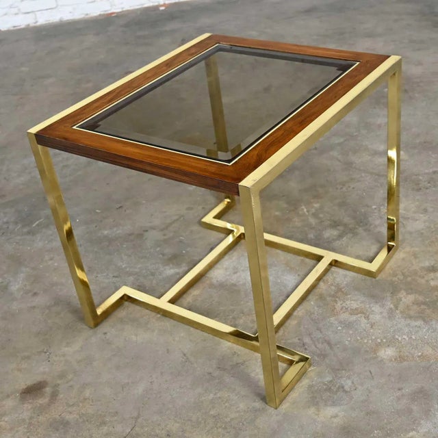 Modern End Table Brass Plated Dark Wood & Smoked Glass Rectangle by Thomasville Furniture Style of Milo Baughman For Sale - Image 6 of 15