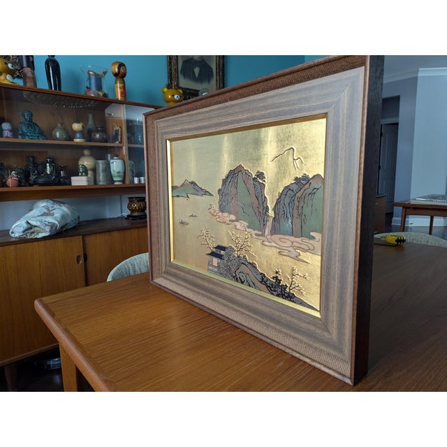 Mid-Century Modern Vintage 24k Gold Leaf & Copper Chōkin Metal Relief Landscape Panel — 1970s For Sale - Image 3 of 6