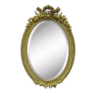 Antique French Louis XVI Style Gold Gilt Torch Flame Gesso Oval Wall Mirror For Sale