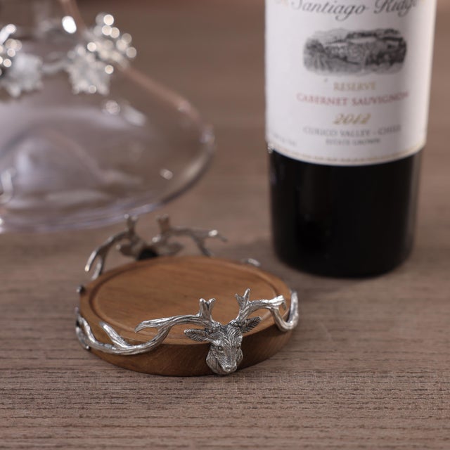 Transitional St. Anton Wood & Pewter Wine Coaster with Stag Head Design For Sale - Image 3 of 4