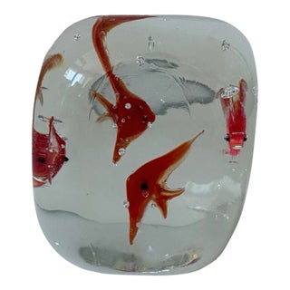 Mid-Century Murano Style Aquarium Art Glass Paperweight Sculpture With Red Angelfish For Sale
