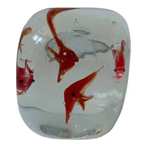 Mid-Century Murano Style Aquarium Art Glass Paperweight Sculpture With Red Angelfish