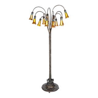Tiffany Style Bronze Twelve-Light Floor Lamp With Charles Lotton Art Glass Shade For Sale