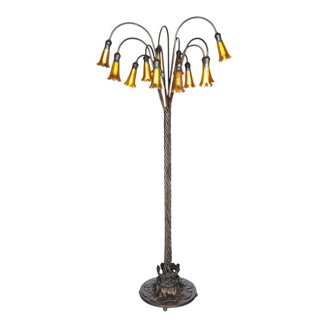 Tiffany Style Bronze Twelve-Light Floor Lamp With Charles Lotton Art Glass Shade For Sale