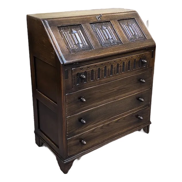 Vintage English Oak Drop Front Bureau / Desk c.1940 For Sale