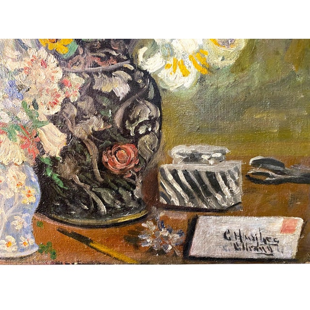 Chinoiserie Floral Still Life With Envelope and Chinoiserie in Oil on Canvas For Sale - Image 3 of 4