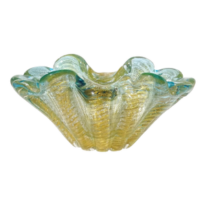 Murano Barovier Toso Aqua Green Rim Gold Flecks Ribbed Surface Vintage Italian Art Glass Decorative Bowl