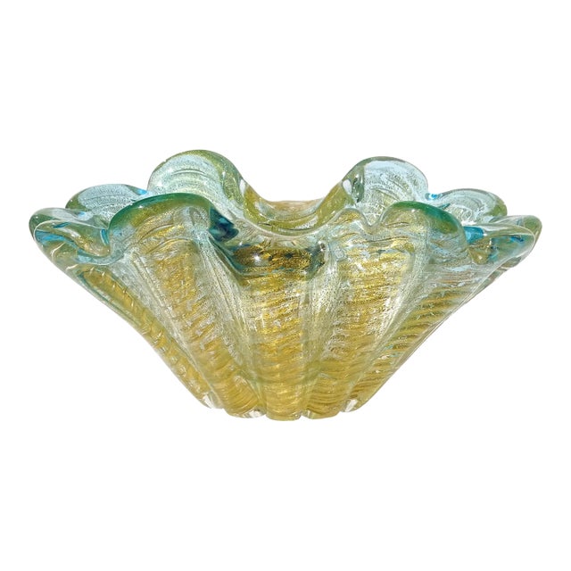 Vintage Murano Barovier Toso Aqua Green Rim Gold Flecks Ribbed Surface Italian Art Glass Decorative Bowl For Sale