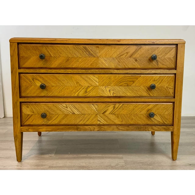 Timeless Mid-Century Modern Style Chest of Drawers, light oak finish, three drawers, metal hardware, showroom floor sample