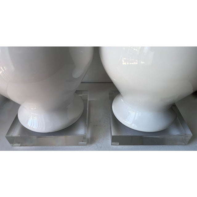 Italian Festoni Italian White Ceramic Lamps-Lucite Bases-a Pair For Sale - Image 3 of 6